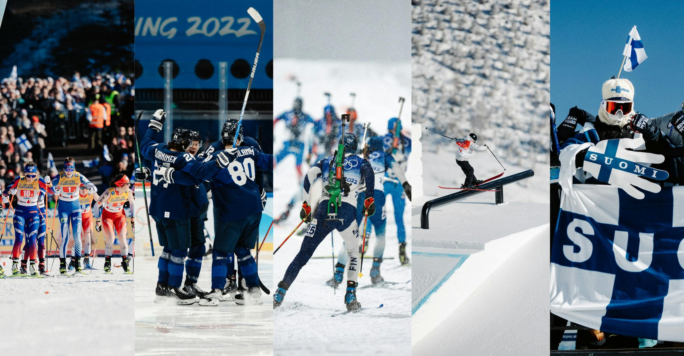 Viiteen osaan jaettuna hiihtoa, jääkiekkoa, ampumahiihtoa, laskettelua ja Suomi faneja