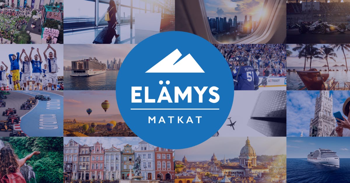 Elämys matkat logo taustalla erilaisia matkustus kuvia