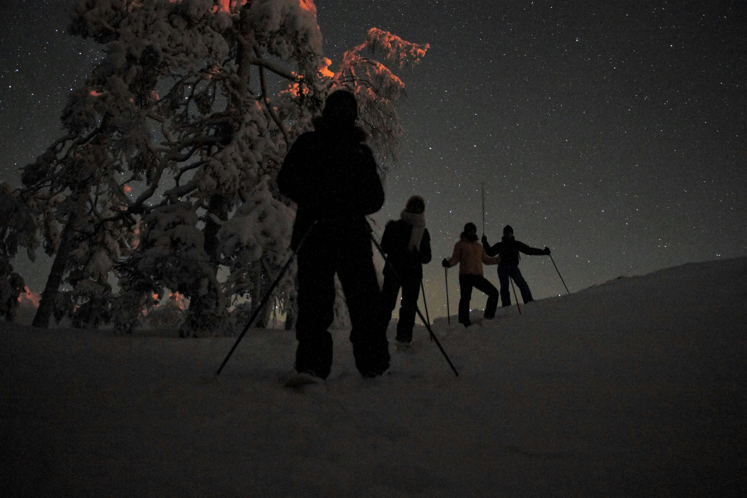 Porukalla lumikenkäretkellä illasta revontulia bongailemaan.