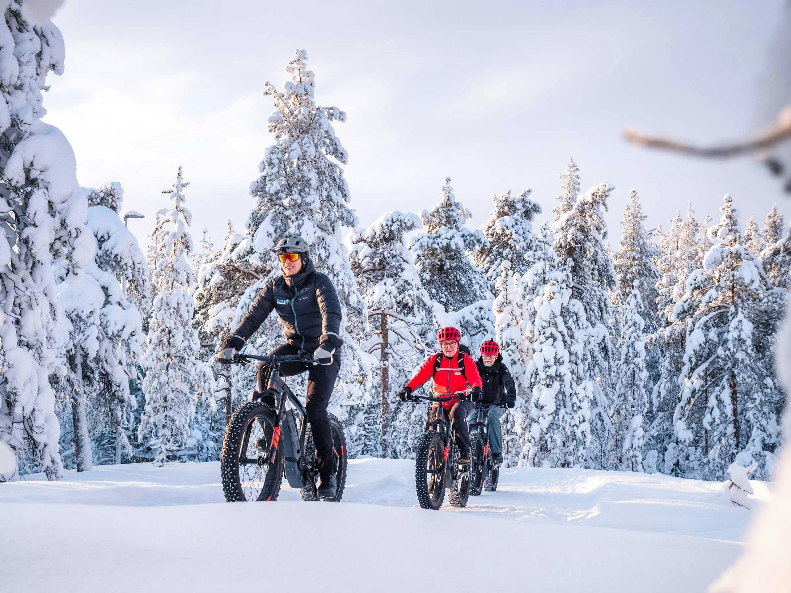 Yksityinen e-fatbikeretki Rovaniemen tykkilumipuiden seassa.