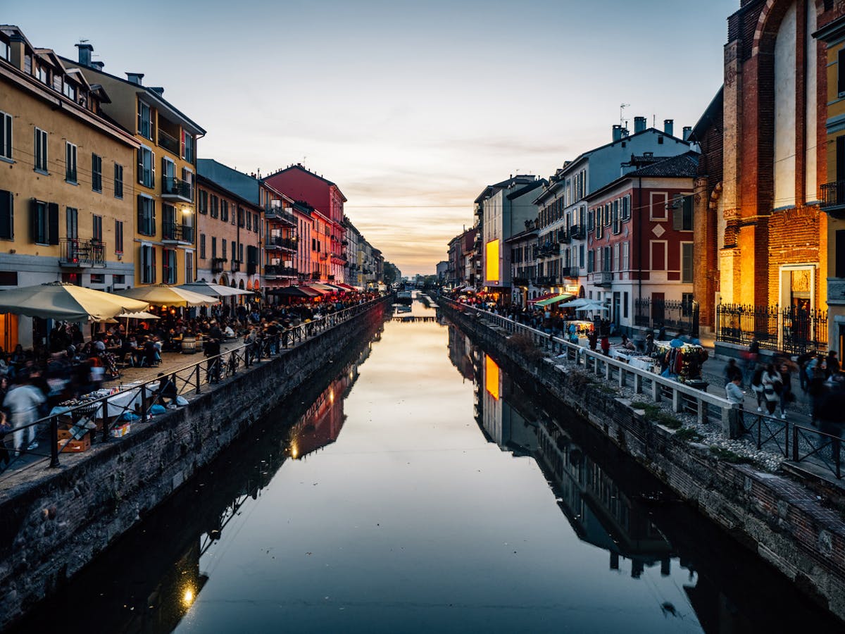 Navigli district at sunset in Milan