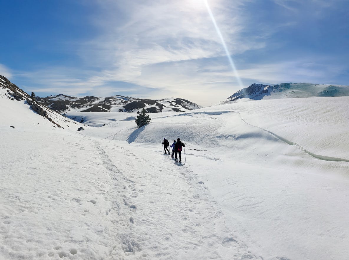 Hiking with snowshoes on Monte Morrone, in Abruzzo. Italy