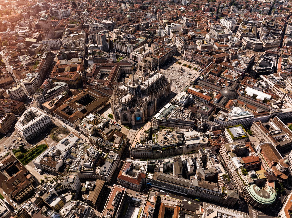 Aerial view of Duomo Di Milano on sunny spring day. Milan, Italy.