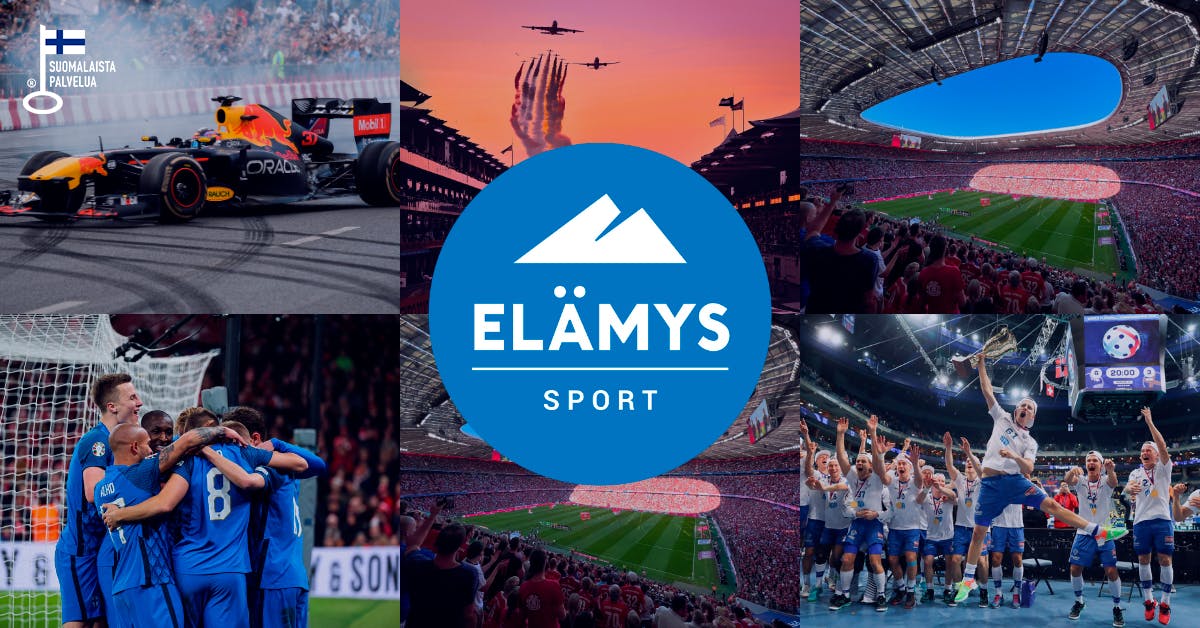 Elämys sport sininen logo, jossa taustalla kuvia urheilusta sekä Avainlippu-logo